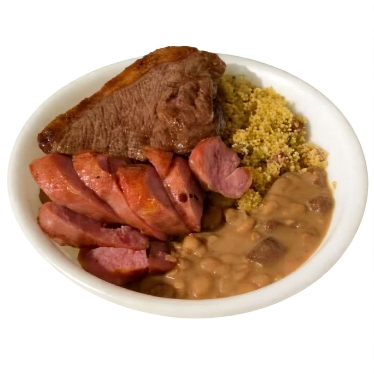 Arroz,feijão,picanha,linguiça,batata frita.