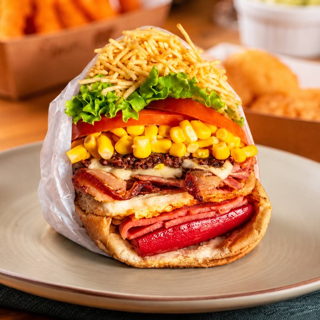 Pão com burguer bovino(100g), muçarela, salsicha, ovo, tomate, alface, milho e batata palha. Um lanche reforçado, bem servido e saboroso.