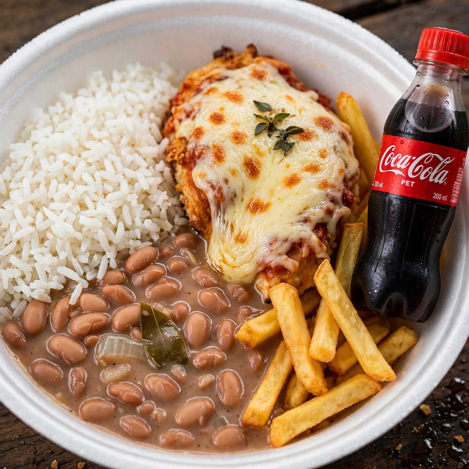 Marmita tamanho M. Composta por arroz branco soltinho, feijão fresco, filé de frango empanado finalizada com aquele molho de tomate caseiro e muito queijo mussarela, batata frita e aquela coca cola 200ml geladinha. Peso aproximado de 550g a 700g