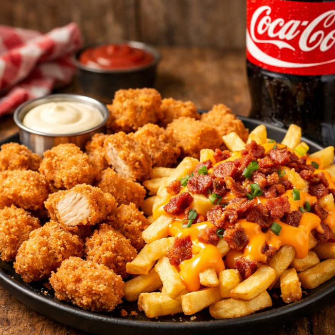 Deliciosos cubos de frango frito (500gr), porção de fritas com cheddar e bacon (500gr) e 1 coca 2 lts