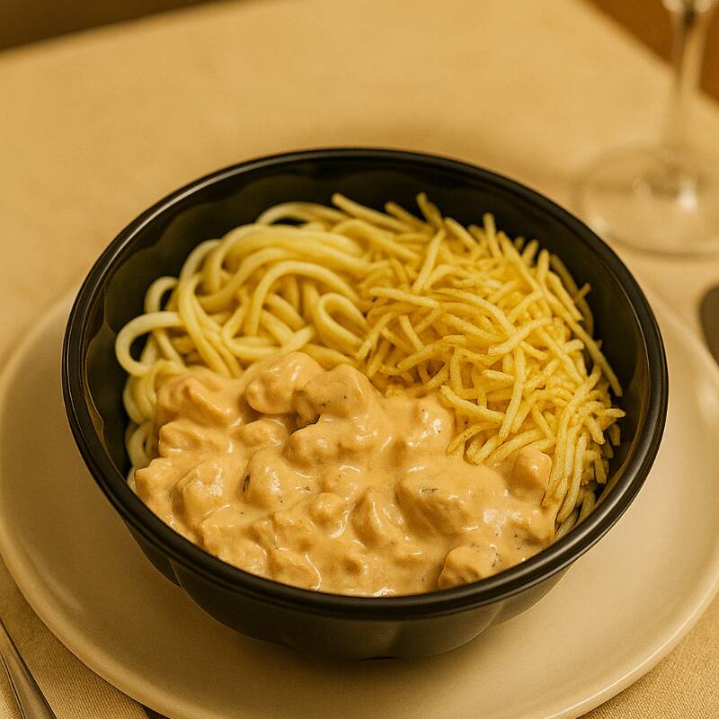 Macarrão à Bolonhesa Massa cozida no ponto certo com nosso strogonoff de frango artesanal, feito com peito de frango na chapa clássico que conquista a cada garfada! Batata Palha A Parte