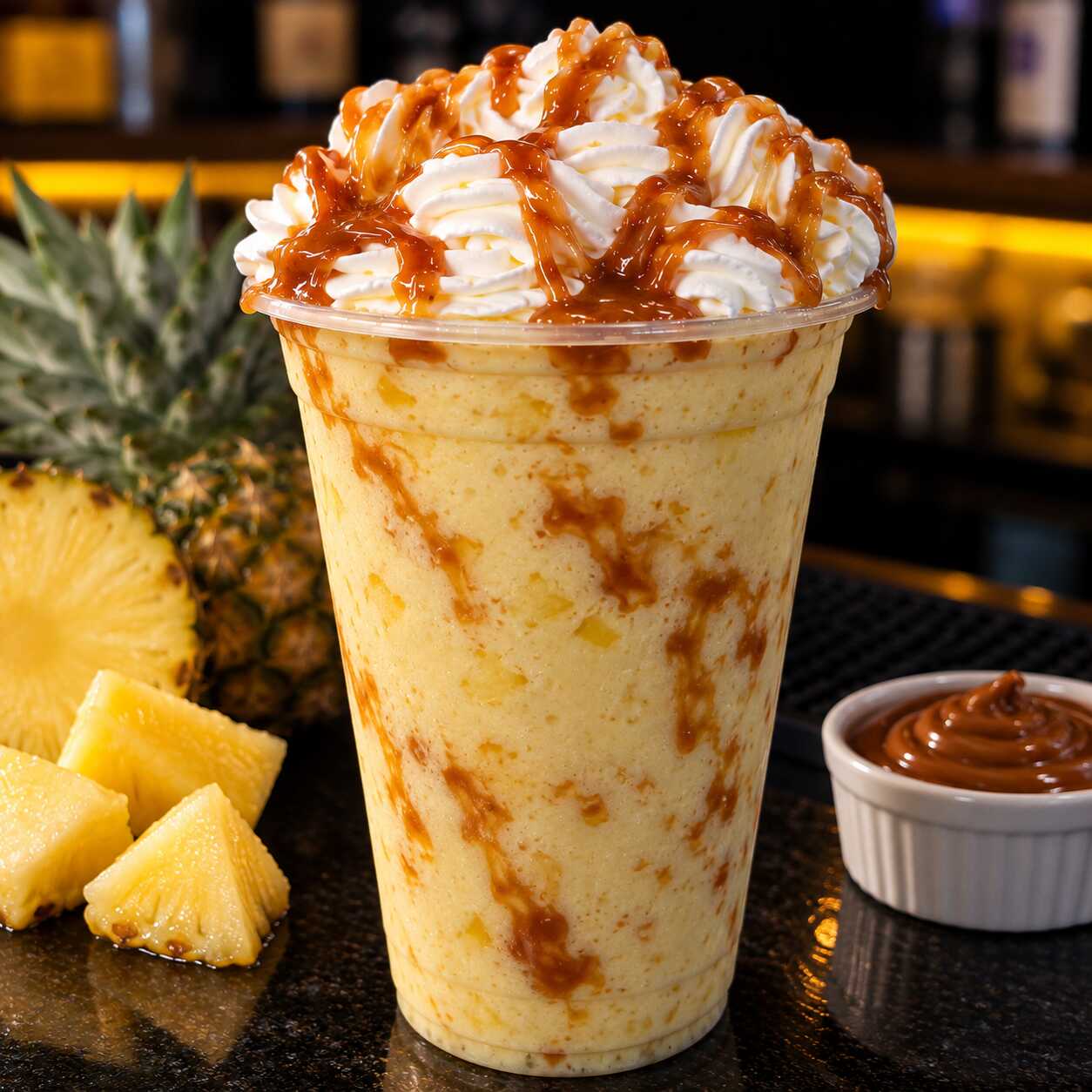 Nevada de Abacaxi com Doce de Leite 700ml 🍍🤎❄️
Bebida alcoólica supergelada em textura de raspadinha, combinando o sabor tropical do abacaxi com a cremosidade irresistível do doce de leite. Servida no copão de 700ml e finalizada com chantilly e doce de leite. Refrescante, docinha e com aquele gostinho de sobremesa!