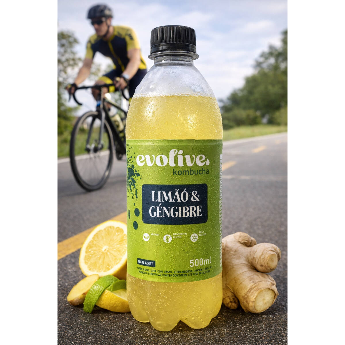 Kombucha Artesanal 500ml – Limão & Gengibre. Bebida funcional naturalmente fermentada, rica em probióticos e com gaseificação natural. Refrescante, cítrica e com leve picância do gengibre. Opção saudável para substituir refrigerantes, sem conservantes artificiais. Ideal para consumo individual. Peça mais de um sabor.