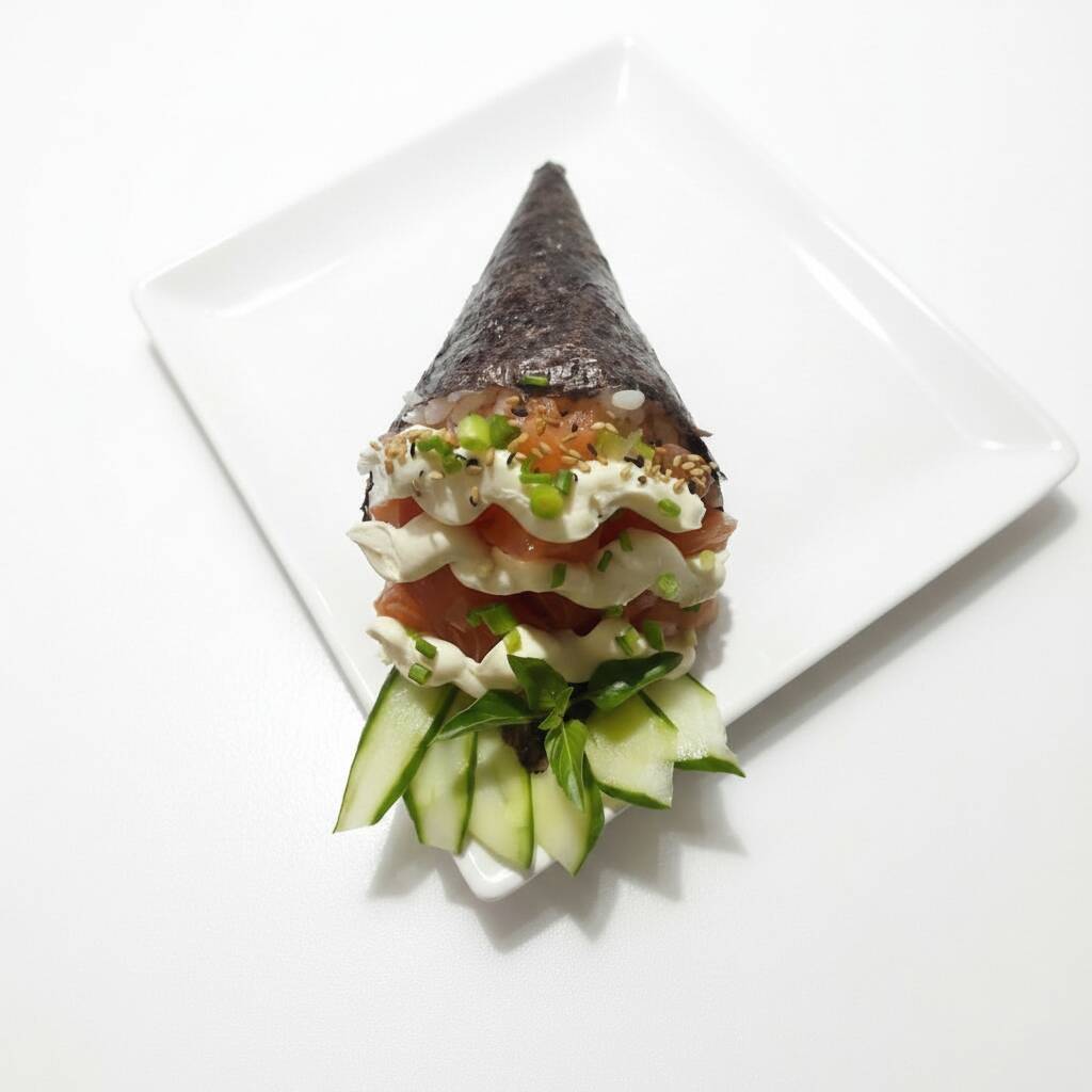 Este exuberante 'Temaki Filadélfia' é um verdadeiro deleite para os amantes da culinária japonesa. Com sua harmoniosa junção de sabores, este prato apresenta um suculento salmão fresco, delicadamente enrolado em um arroz de sushi perfeitamente temperado. A cremosidade do cream cheese Filadélfia adiciona uma textura irresistível, enquanto o nori crocante proporciona o contraste perfeito. Cada mordida deste sofisticado temaki é uma experiência deliciosa e inesquecível. Uma excelente escolha para quem aprecia a autenticidade e a qualidade dos verdadeiros temakis.