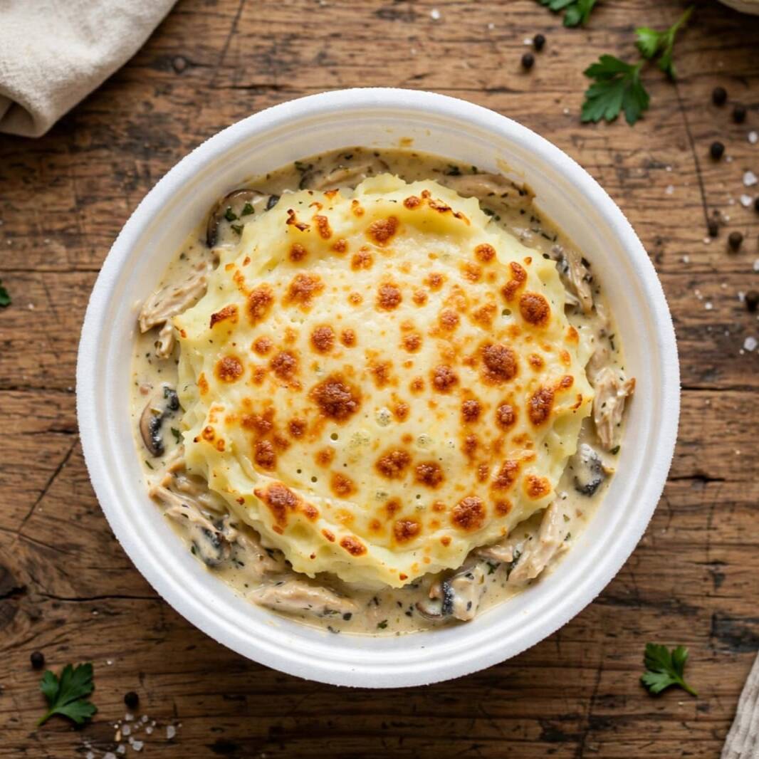 estrogonofe de frango cremoso coberto com pure de batata gostoso com queijo musarela derretido