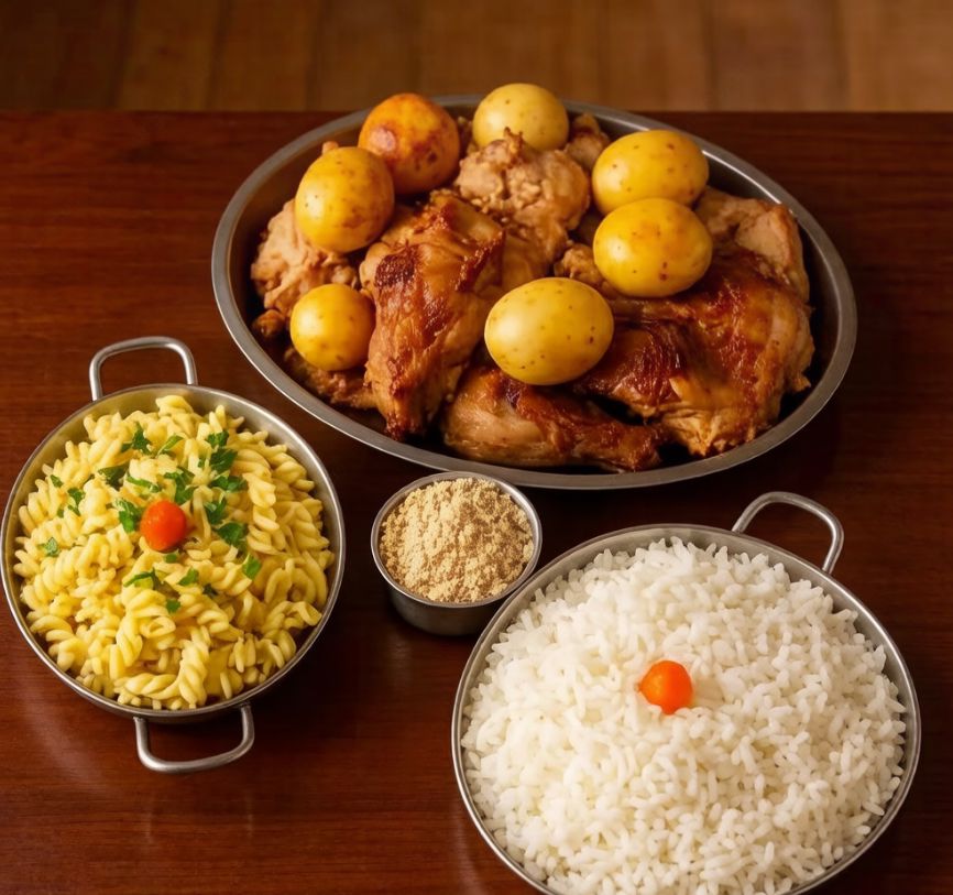 Frango, farofa, macarronese, arroz
