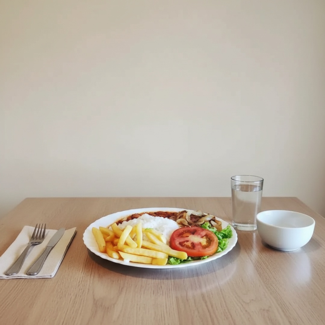 Acompanha: Arroz, Feijão, Bife de Boi acebolado, Batata Frita e Salada