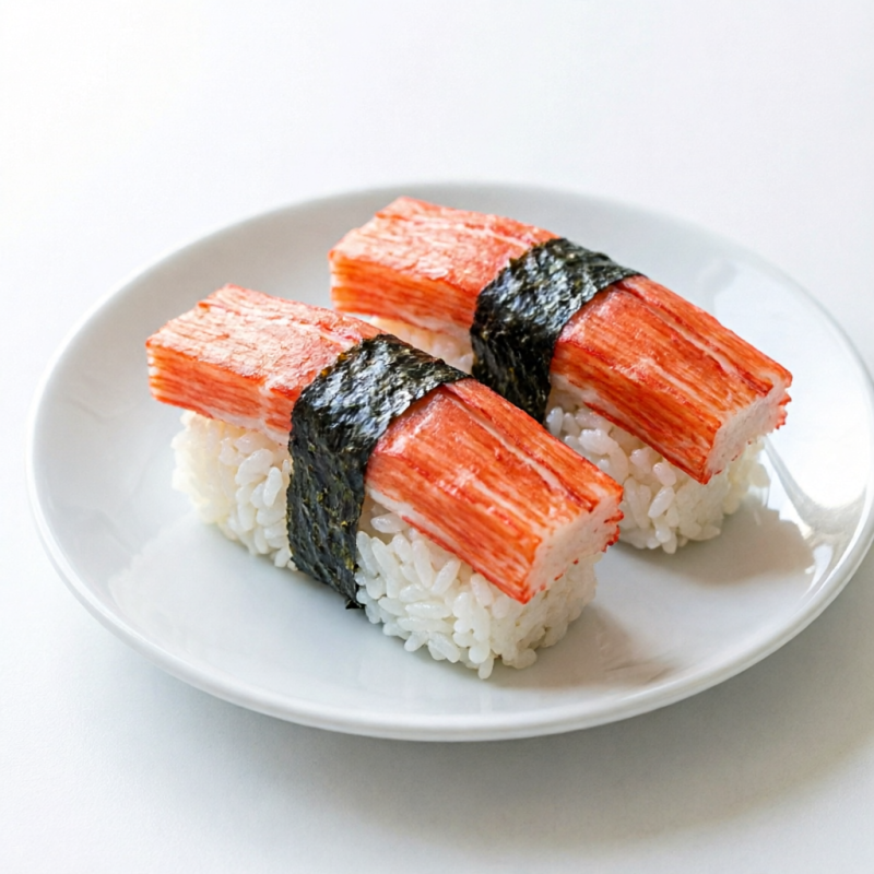 Fatia de kani em cima do arroz temperado