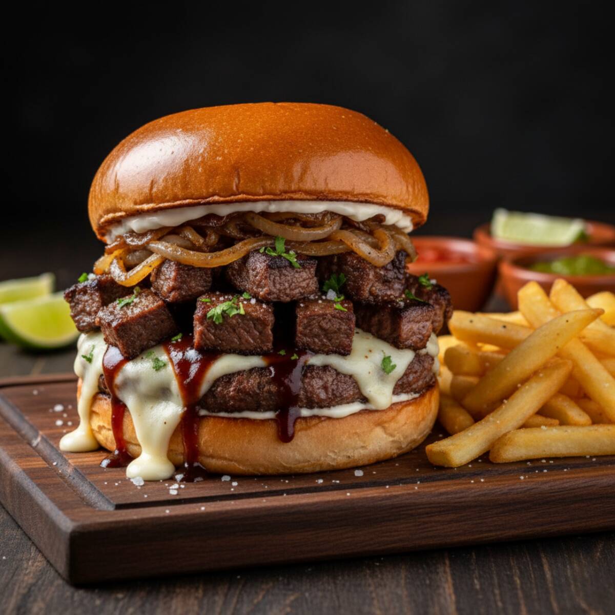 Hamb. Arrachera + Trozos de Rib eye (c/Papas)