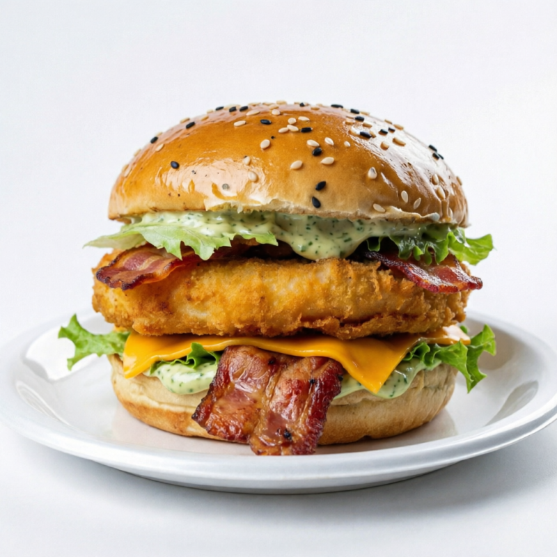 O Tão Pedido Burger De Frango! Pão gergelim supremo e selado, bacon super crocante, burger chicken empanado, queijo cheddar, alface e maionese verde seu larica
