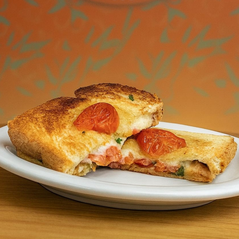 Pão ciabata prensado com tomate cereja, mussarela e molho pesto.