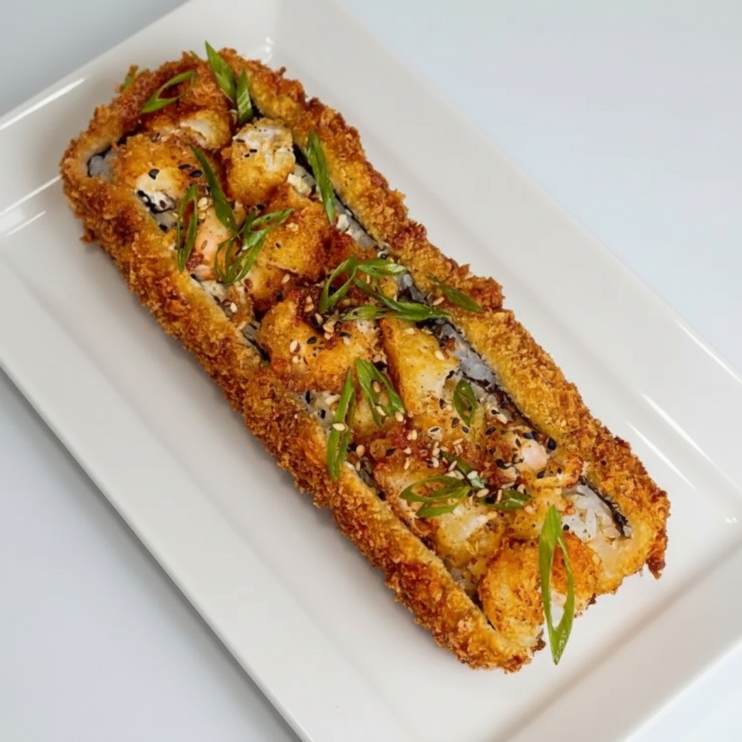 Rolo de sushi com recheio de Arroz, Cream Cheese, SALMÃO E CAMARÃO FRITOS E CEBOLINHA., Empanado Por fora e recheio frito.