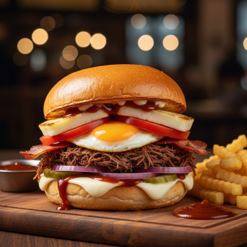 Pão, carne de sol, queijo coalho, queijo mussarela, ovo, bacon, tomate, cebola e barbecue + 150g de batata frita