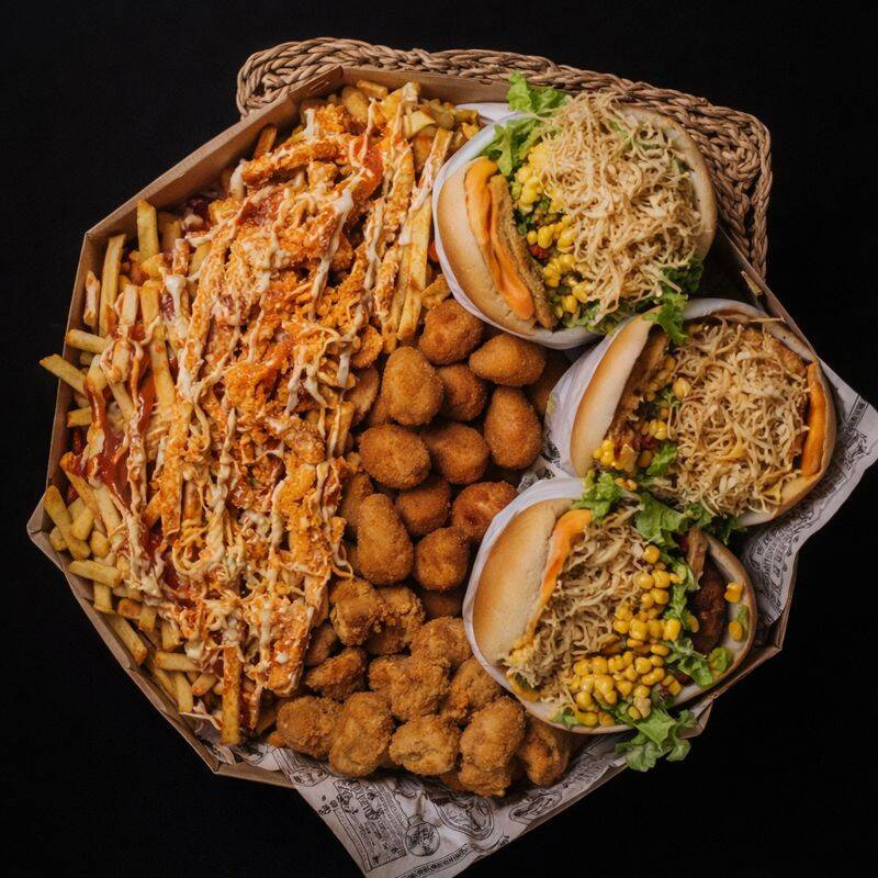 3 X-Cheddar + batata frita, cheddar, maionese, ketchup, queijo ralado + Nuggets + Salgadinhos.