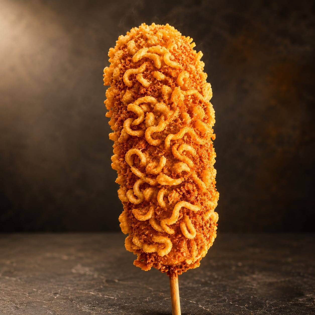 O famoso K-Dog Coreano! Salsicha com queijo, empanada com miojo crocante e farinha panko. Frito na hora, dourado, extremamente crocante por fora e com queijo derretido por dentro. Imperdível!