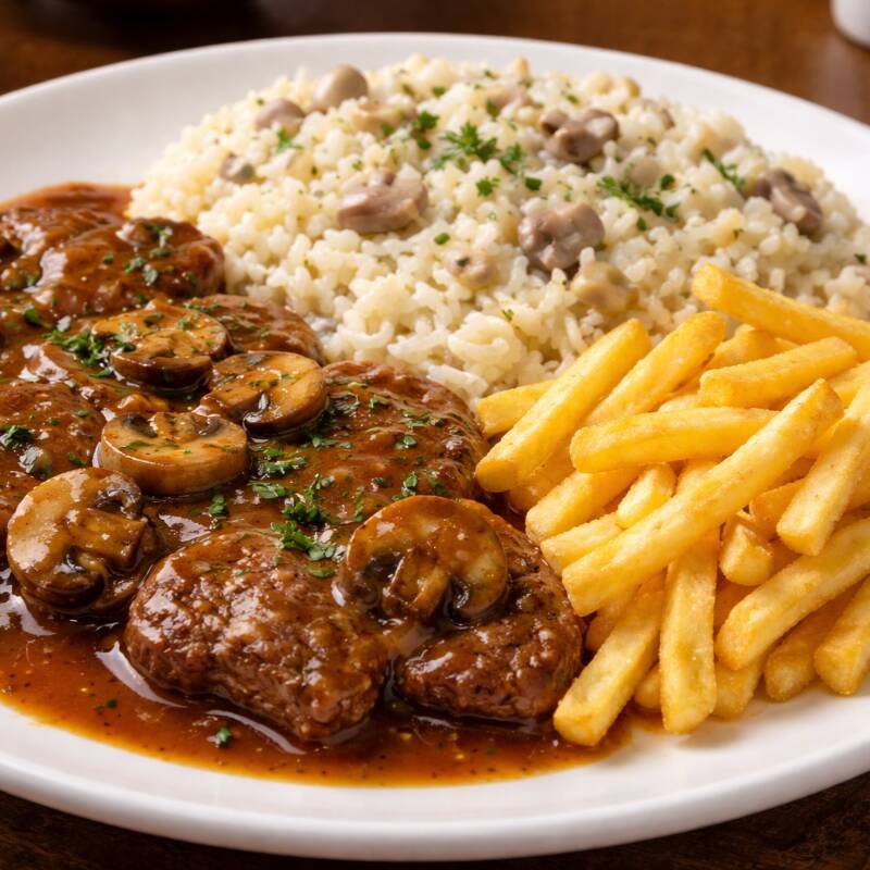 Escalopinho ao molho madeira com arroz à piamontese e batata frita, ideal para seu almoço ou jantar.