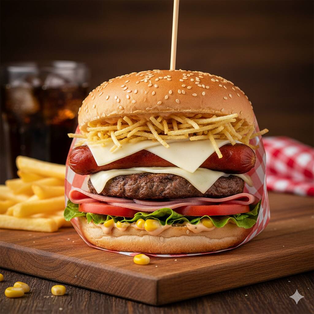 pao hamburguer bacon ovo salsicha presunto muçarela abacaxi milho e salada batata palha