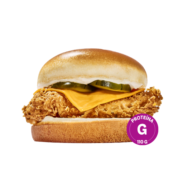 Filé 100% peito de frango empanado extra crocante no pão brioche tostado na manteiga, com 1 fatia de queijo, maionese e picles.