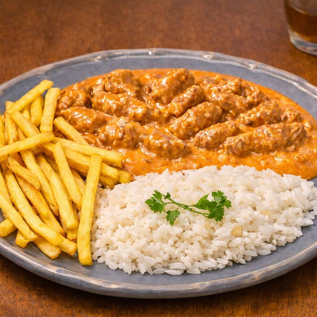 Filé mignon em cubos suculento no molho cremoso clássico, servido com arroz soltinho e batata palha crocante. Sabor intenso e textura perfeita em cada garfada!