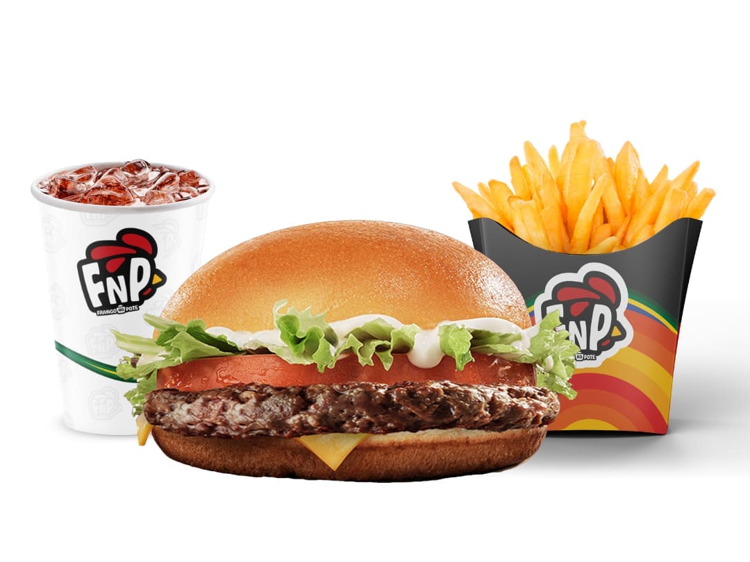 Pão fresquinho, hambúrguer suculento de 100g, maionese Fnp exclusiva, alface crocante, tomate suculento e queijo derretido. Acompanha fritas e refrigerante lata.