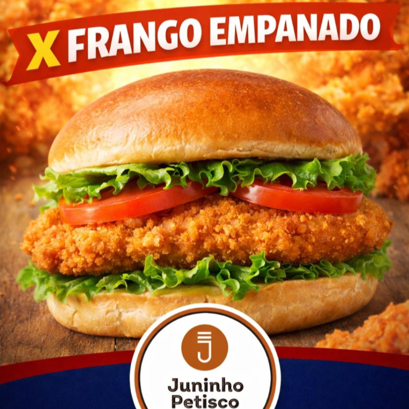 Pão de hambúrguer selado na maionese artesanal, cheddar cremoso, frango empanado, alface e tomate.