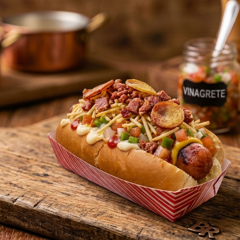 Pão de hot dog, 1 salsicha, maionese, cat chup, mostarda, vinagrete, calabresa e batata palha