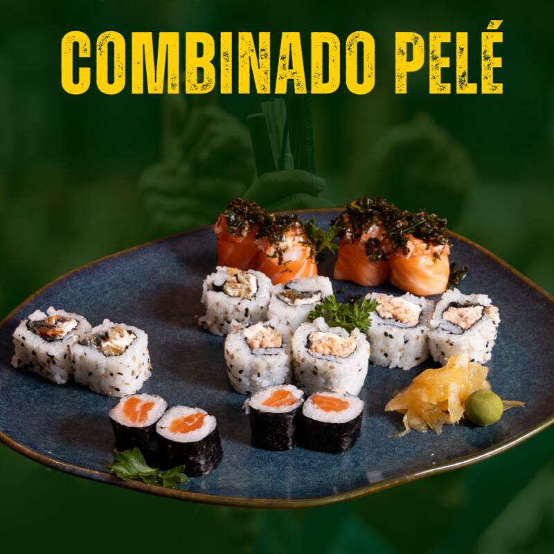 4 joys de Salmão com couve crispy, 4 hossomakis de salmão, 4 uramakis de salmão grelhado com cheese e 4 uramakis de salmão skin com cheese