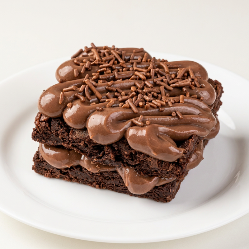 Base de brigadeiro preto com uma fatia generosa de brownie com cobertura de chocolate preto e granulado