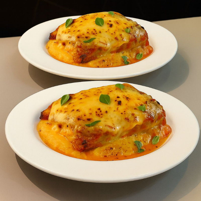 Obs! serve ate 4 pessoas. Molho bolonhesa, molho pomodoro, molho branco, presunto, queijo mussarela, finalizada com uma camada de queijo para gratinar.