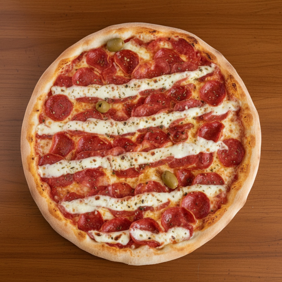 Molho de tomate, mussarela , calabresa , cream chesse , oregano e azeitonas