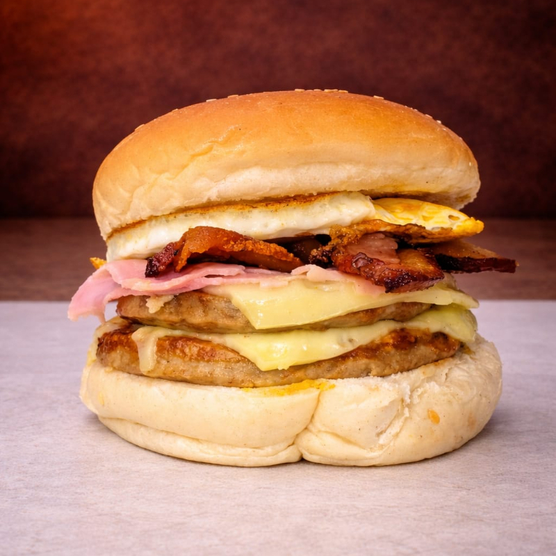 Pão, 2 carnes com queijo, presunto, bacon, cheddar e ovo + Molhos viagem