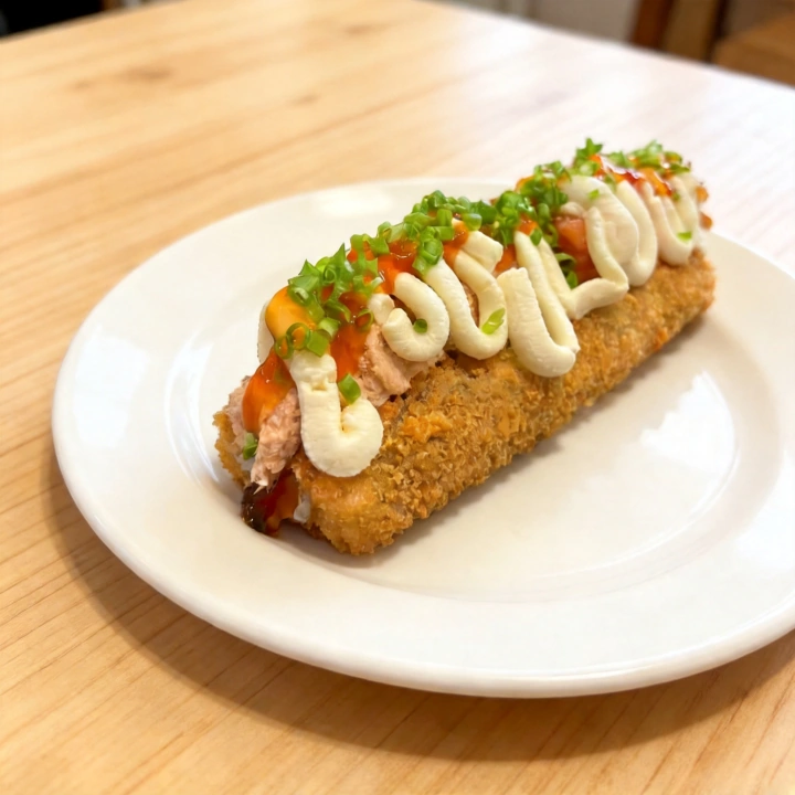 Base de hot Filadélfia recheado com salmão grelhado, sobreposto com cream cheese, geleia de pimenta, cebolinha e cebola roxa