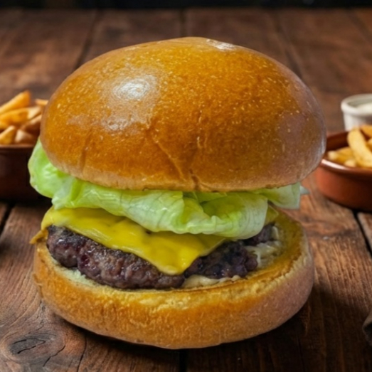 Nosso Delicioso Pão de Brioche, Carne de 100g, Queijo Prato, Alface, Molho. Foto Ilustrativa. Hamburguer artesanal