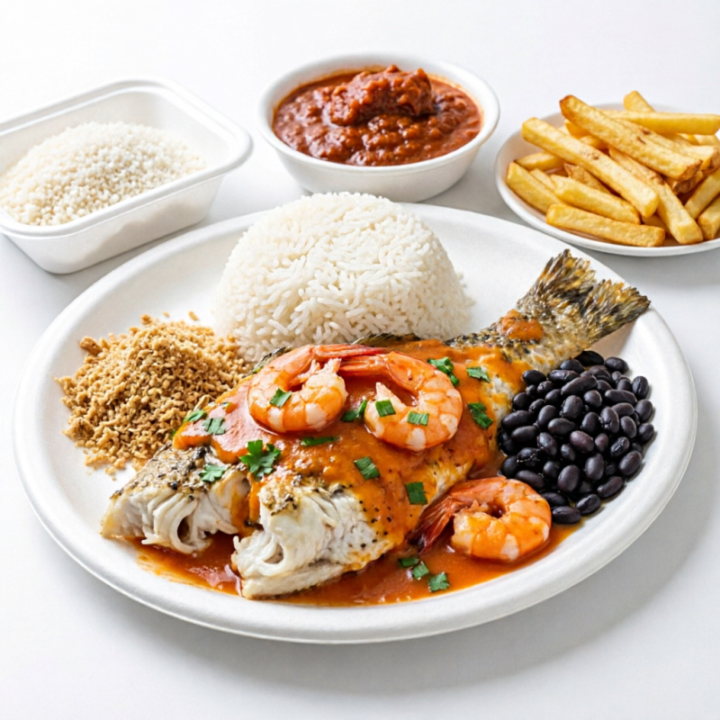Acompanha arroz, feijão, farofa , fritas .