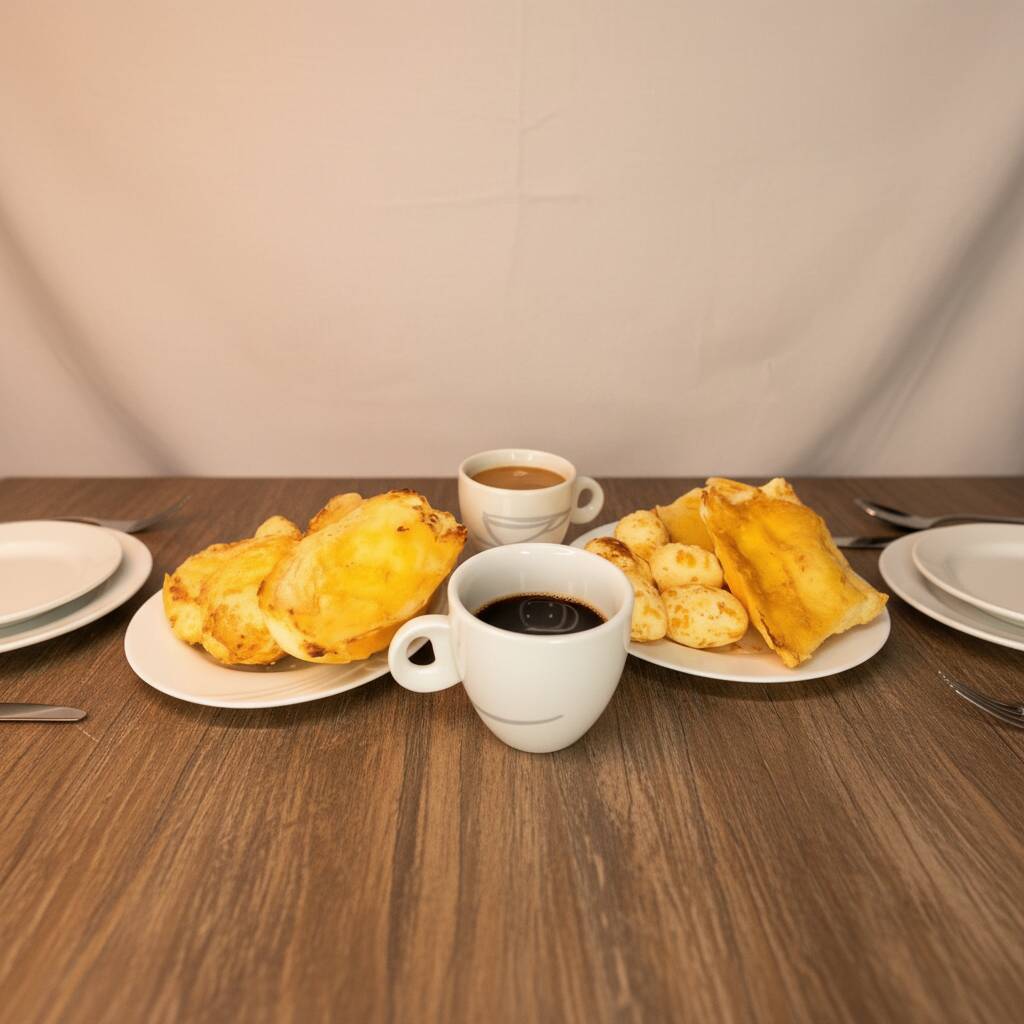 500ml de bebida (Café puro, Café com leite, Chocolate), 2 Pães na chapa e 10 mini pães de queijo