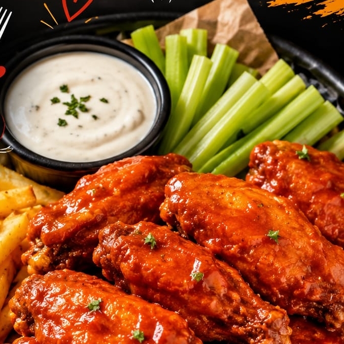 Alitas un kilo búfalo papas aderezo pepino