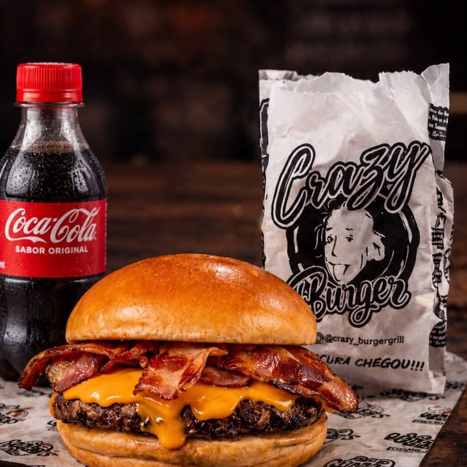 super promoção . Maluco Smash: pão brioche, um smash burgers de 70g, queijo cheddar derretido, bacon crocante e maionese caseira especial. Acompanha batata fritas grátis e de Coca-Cola 200ml