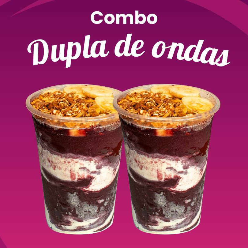 Para dividir com o crush ou com quem fecha todas com você! Nosso combo traz 2 copos de 400ml cheios de puro frescor tropical. Escolha seus complementos e venha surfar nessa explosão de sabor que é a cara do verão. Para a sua experiência ser perfeita, os cremes são montados dentro do copo, junto com o açaí. Já o adicional de Nutella vai à parte, para você derramar à vontade! A fruta escolhida vai em todos os copos.