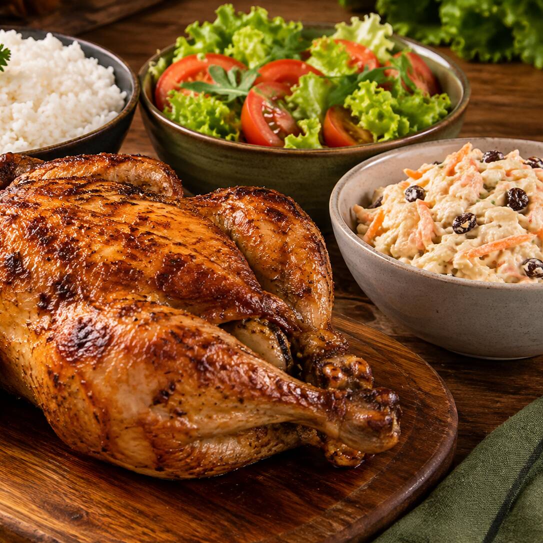 Frango assado suculento, preparado com ingredientes naturais e assado até ficar dourado e saboroso. Acompanha salpicão cremoso com maionese zero carb, salada verde com tomates frescos e arroz soltinho. Uma refeição completa, equilibrada e cheia de sabor.