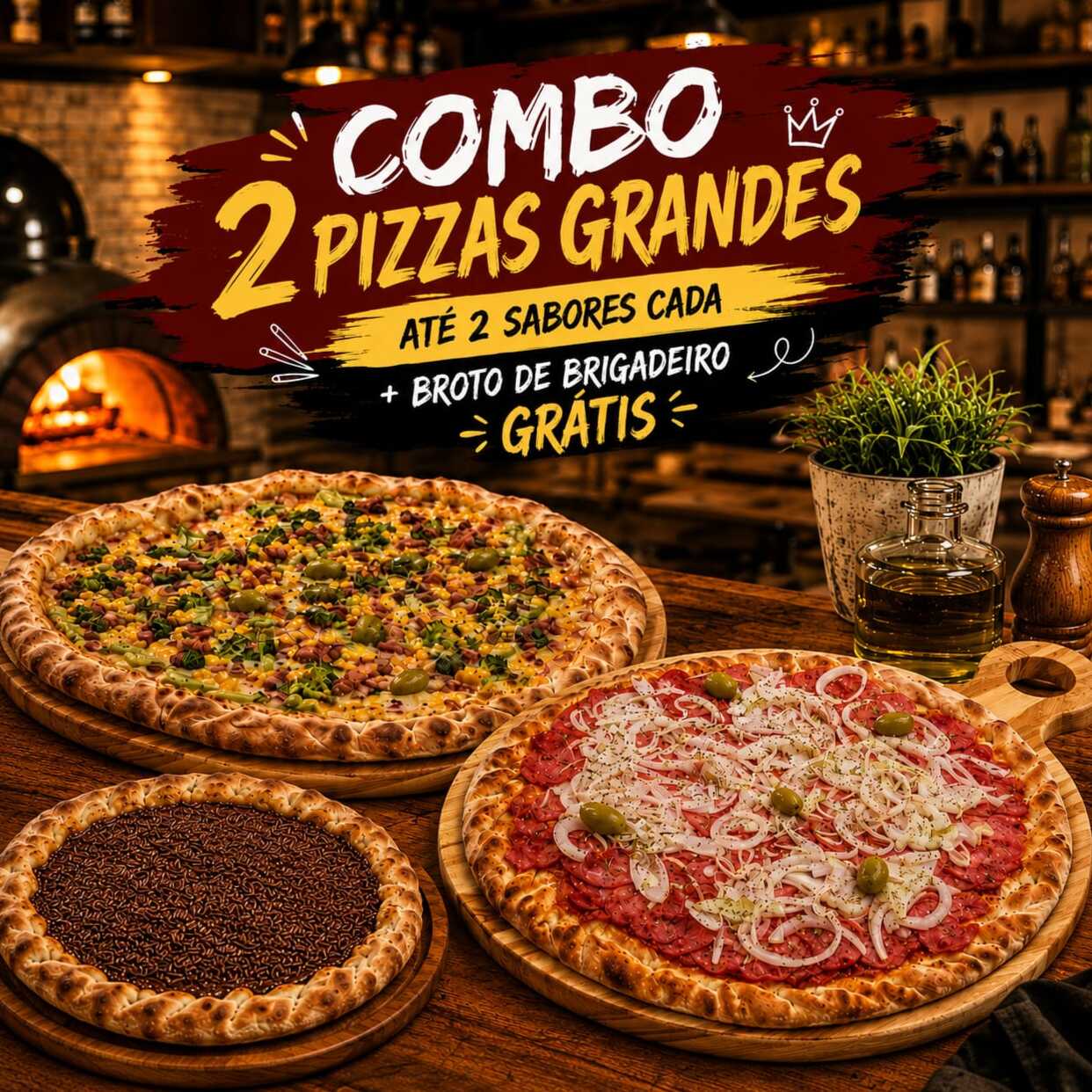 A pedida perfeita para compartilhar! Leve 2 pizzas grandes salgada até 2 sabores e finalize com um toque especial: 1 pizza broto de briugadeiro deliciosa. Combinação ideal para matar a fome e adoçar o momento!