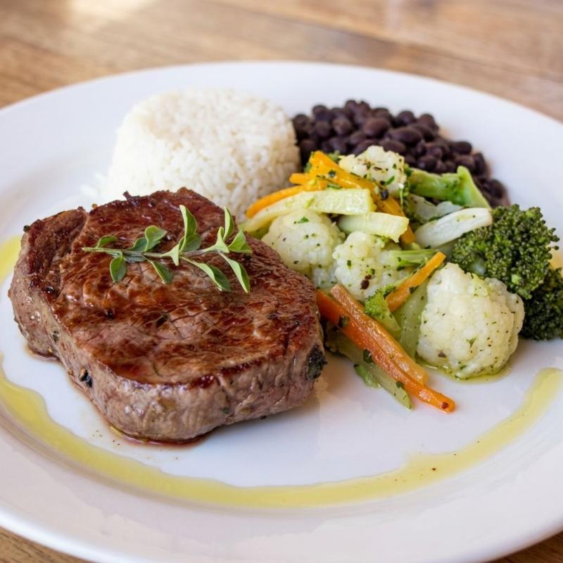 Steak de Picanha, arroz, feijão, legumes saltê,