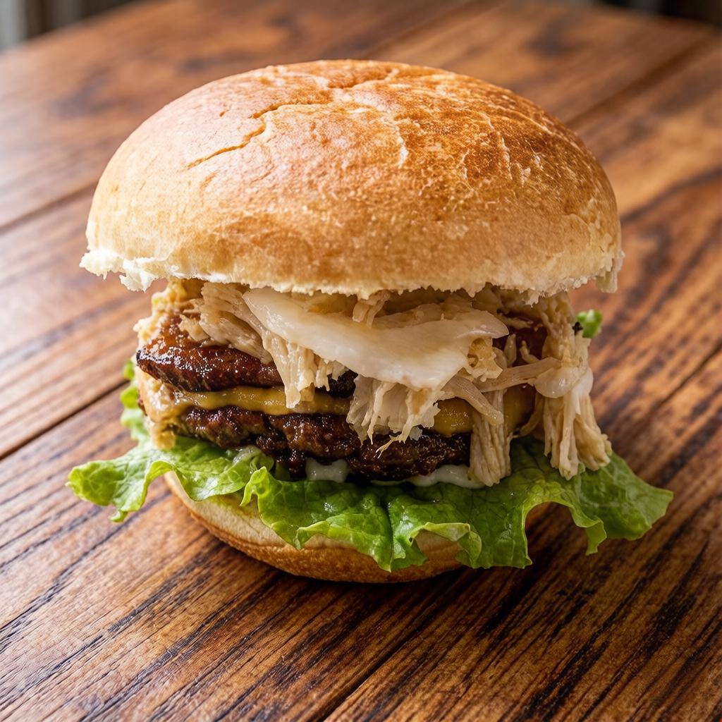 Hambúrguer de costela,frango desfiado catupry, bacon,queijo prato,maionese,alface e tomate