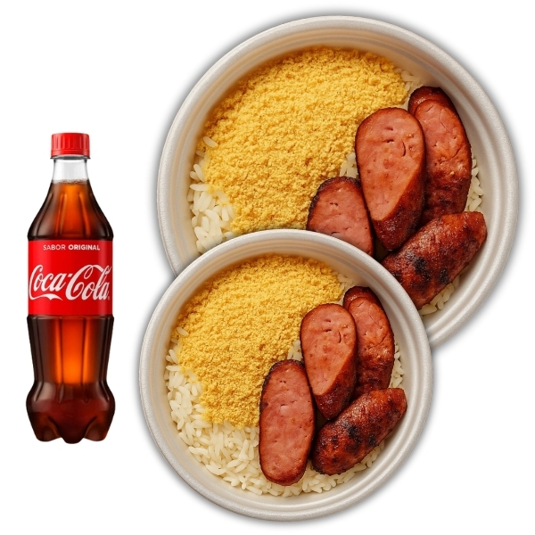 Duas linguiças de churrasco suculentas, arroz soltinho, feijão caseiro, farofa crocante e Coca-Cola 600ml pra completar!