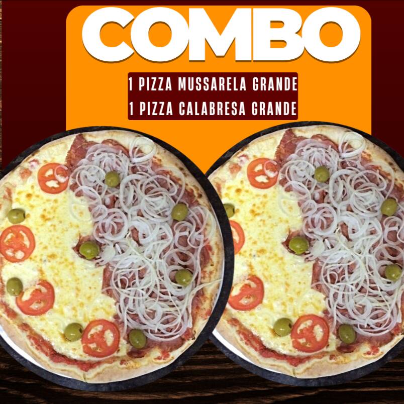 1 PIZZA GRANDE 35 CM DE MUSSARELA COM TOMATE FATIADO + 1 PIZZA GRANDE 35CM DE CALABRESA ACEBOLADA