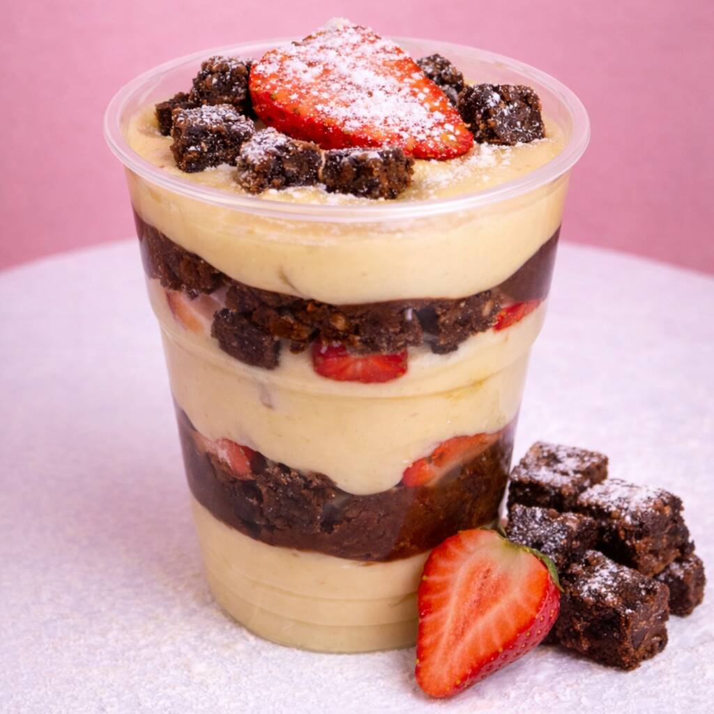 Camadas generosas de mousse de ninho super cremosa intercaladas com brownie artesanal macio e morangos frescos selecionados. Finalizado com mais brownie e morango por cima para uma combinação perfeita entre cremosidade, intensidade e frescor. Uma sobremesa premium equilibrada e simplesmente irresistível.