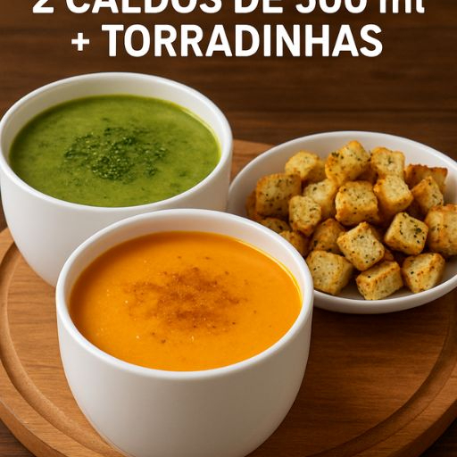 Dois sabores irresistíveis para aquecer sua fome e seu coração! Escolha dois caldos a seu gosto e de acompanhamento vai com torradinhas temperadas de brinde. E melhor pagando mais barato por isso . Ideal para dividir ou se mimar em dobro. Perfeito para os dias frios ou para quem ama conforto em forma de comida.
Vai perder?