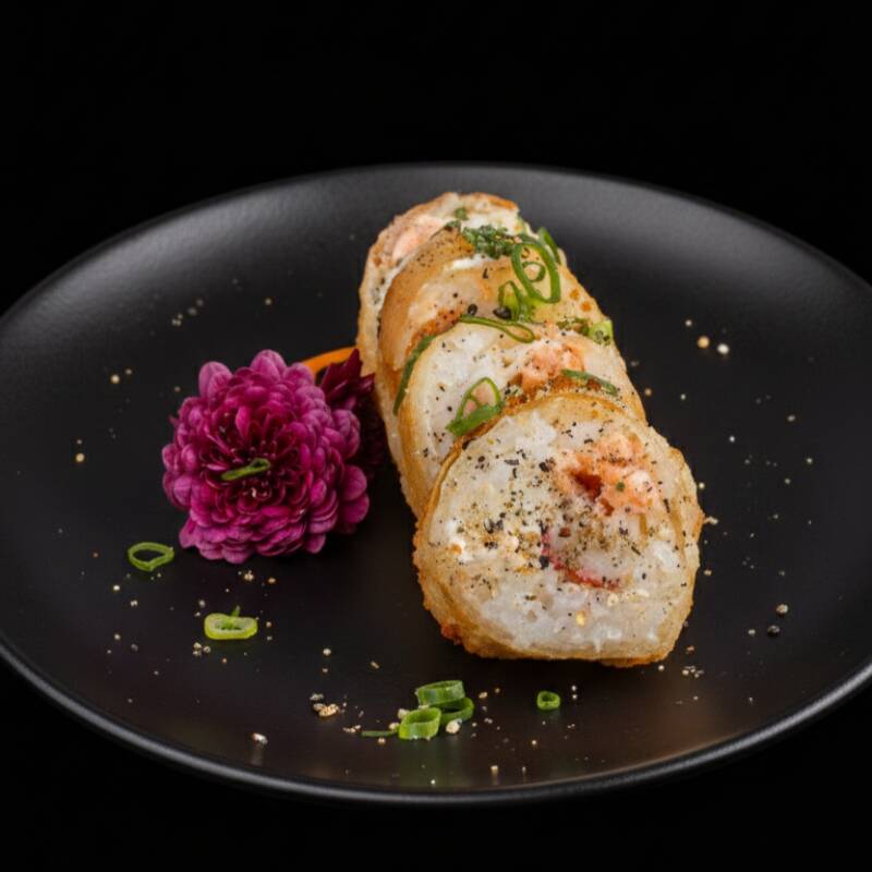 Envolto na massa do Harumaki (massa do rolinho primavera) recheada com salmão, kani e cream cheese, sem arroz.