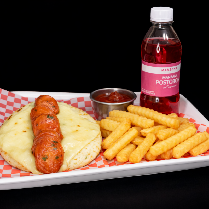 Arepa con Chorizo + Papas + Gaseosa