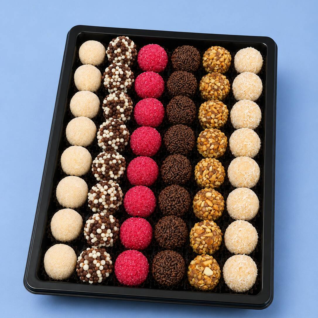 60 brigadeiros, 6 sabores e muita gostosura em um só combo! 😍 Perfeito para dividir, comemorar ou matar aquela vontade de doce. São 10 unidades de cada sabor: Brigadeiro Tradicional, Ninho, Beijinho, Amendoim, Chocoball e Bicho de Pé. Uma seleção completa dos nossos queridinhos para você provar um pouco de cada!