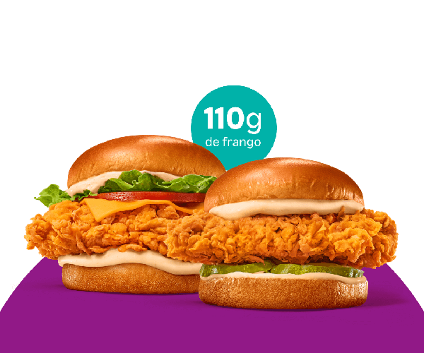 Escolha 2 sanduíches da nossa Família gourmet (110g) entre os deliciosos The Sandwich, Lousiana, Barbecue Bacon e Cebola Bacon Frango.